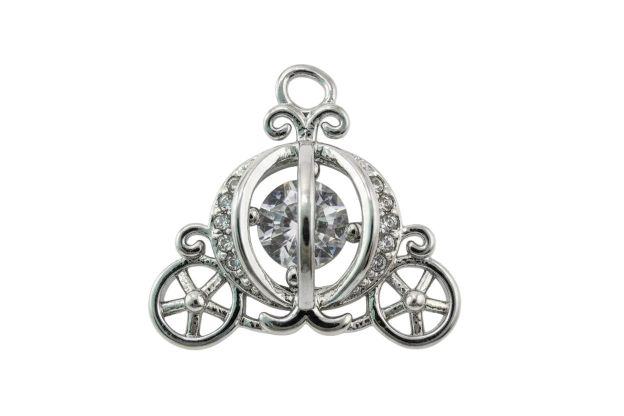 Silver carriage charm with faceted clear center gem and pav e9 crystal accents