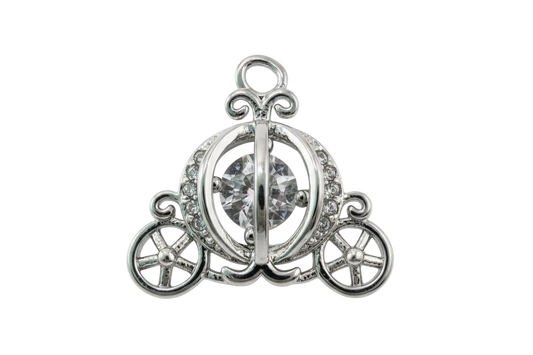 Silver carriage charm with faceted clear center gem and pav e9 crystal accents