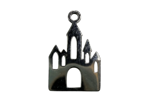 Polished silver-tone gothic castle silhouette with arched window cutouts