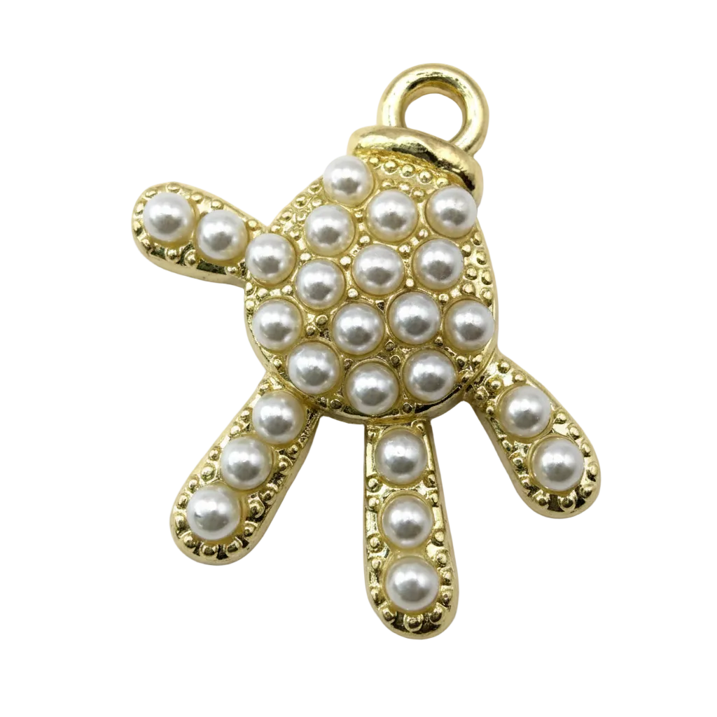 Gold teddy bear charm with pearl-like bead accents and textured border
