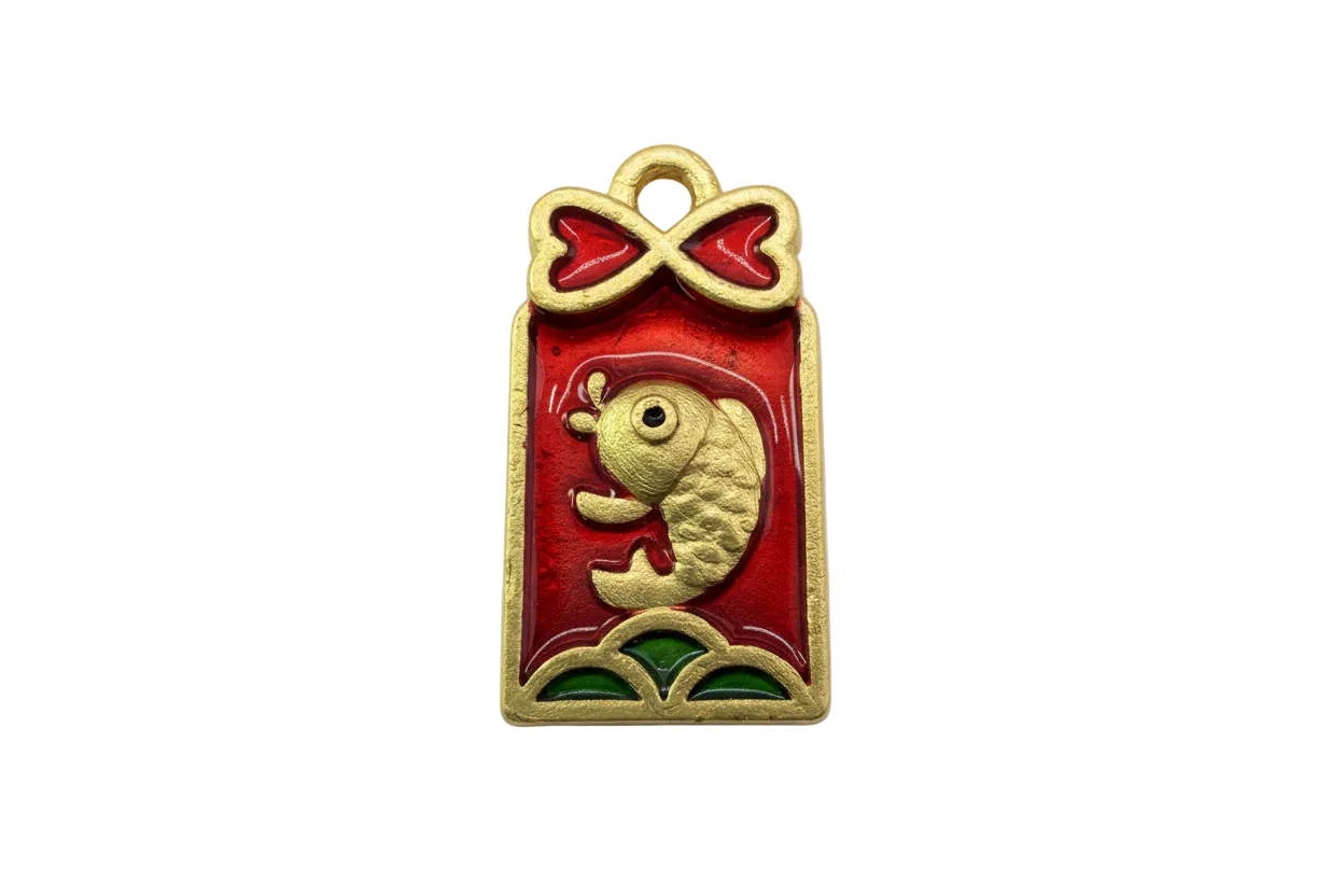 Gold koi fish on a red enamel rectangular plaque with green accent and bow-like top detail
