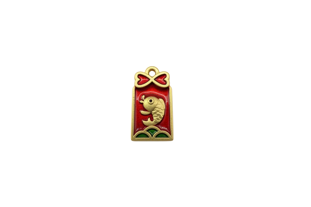 Gold koi fish on red enamel plaque with green accent