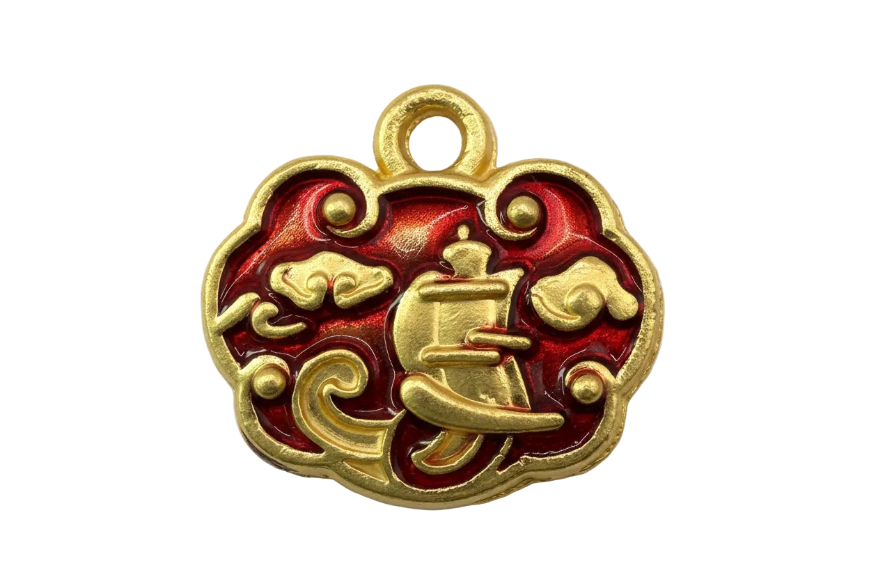 Gold cloud-shaped piece with crimson enamel and raised sailing ship and wave details