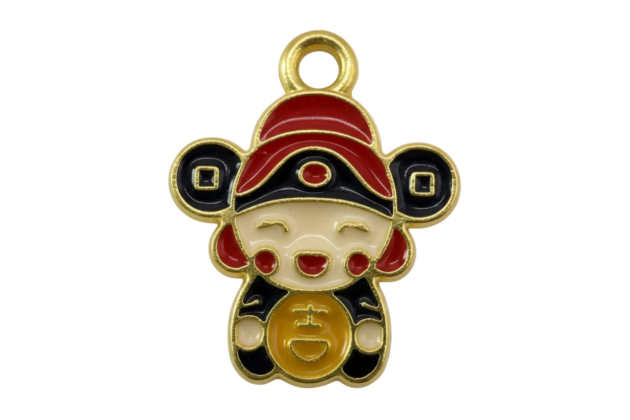 Gold-outlined enamel lucky doll figure with red hat, black accents, and gold coin