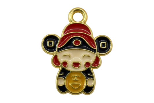 Gold-outlined enamel lucky doll figure with red hat, black accents, and gold coin