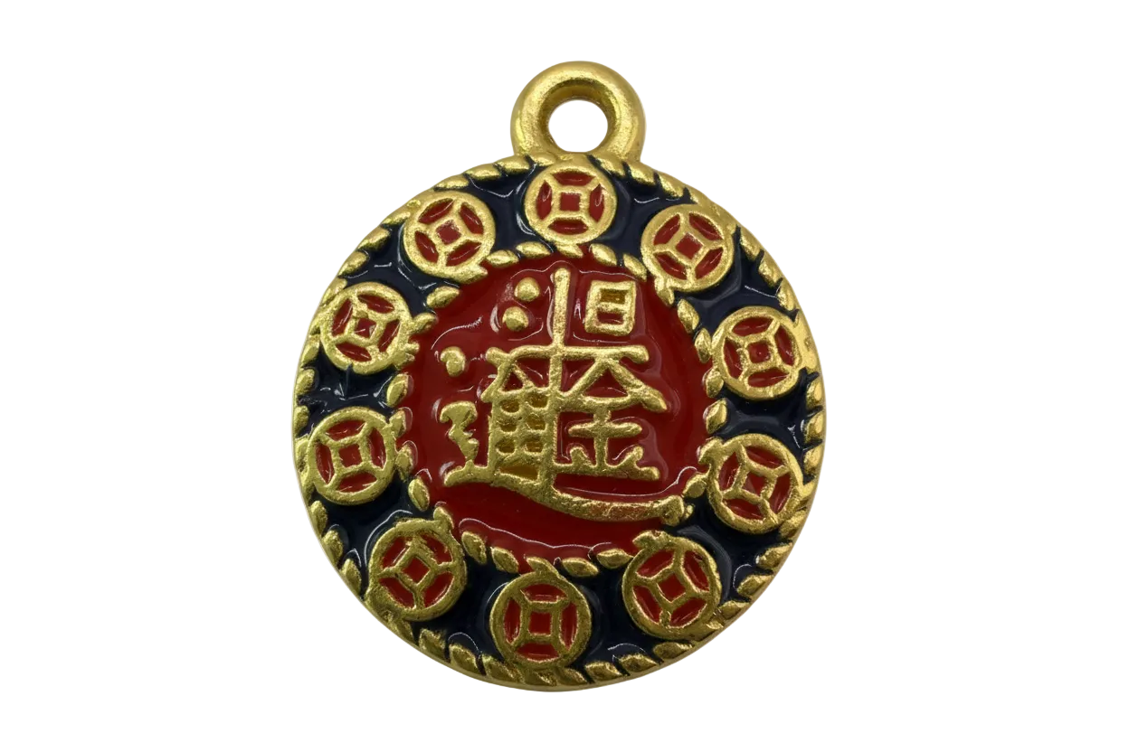 Gold fortune coin medallion with glossy red center and black border, raised symbol and coin motifs