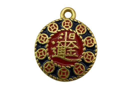 Gold fortune coin medallion with glossy red center and black border, raised symbol and coin motifs
