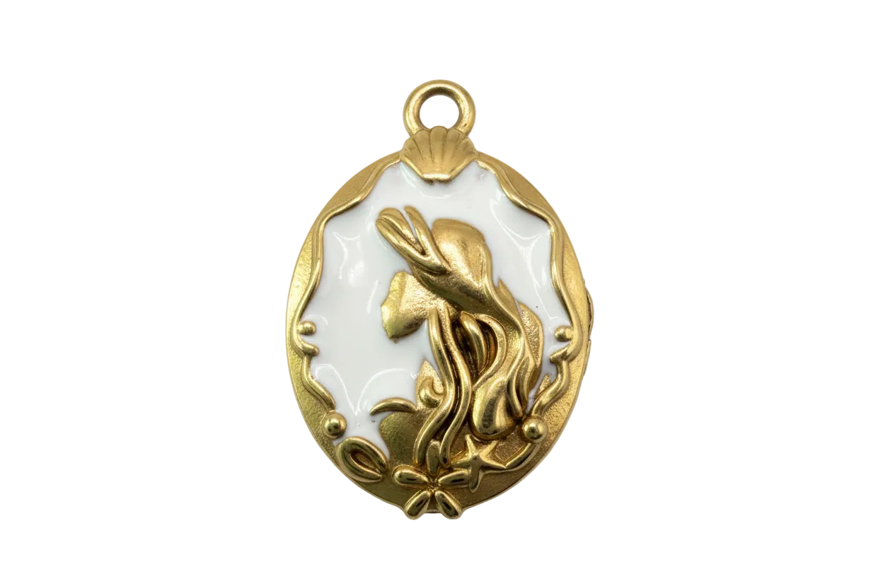 Gold oval cameo with white enamel background and raised art nouveau lady with floral detailing