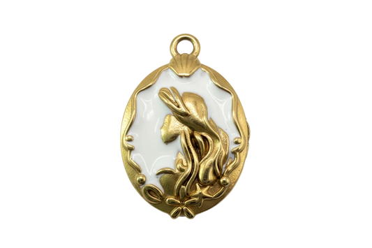 Gold oval cameo with white enamel background and raised art nouveau lady with floral detailing