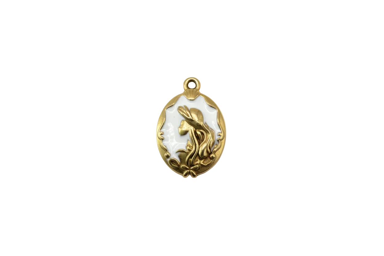 Gold oval cameo with white enamel and raised art nouveau lady