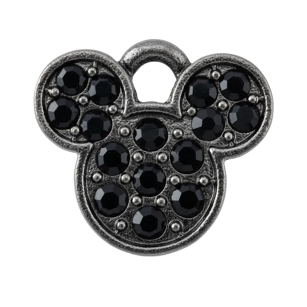 Mouse head icon charm in dark silver-tone metal with pavé faceted black gems