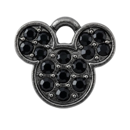 Mouse head icon charm in dark silver-tone metal with pavé faceted black gems