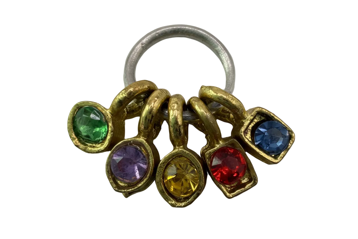 Gold multicolor gem cluster with green, purple, yellow, red, and blue stones on a silver ring