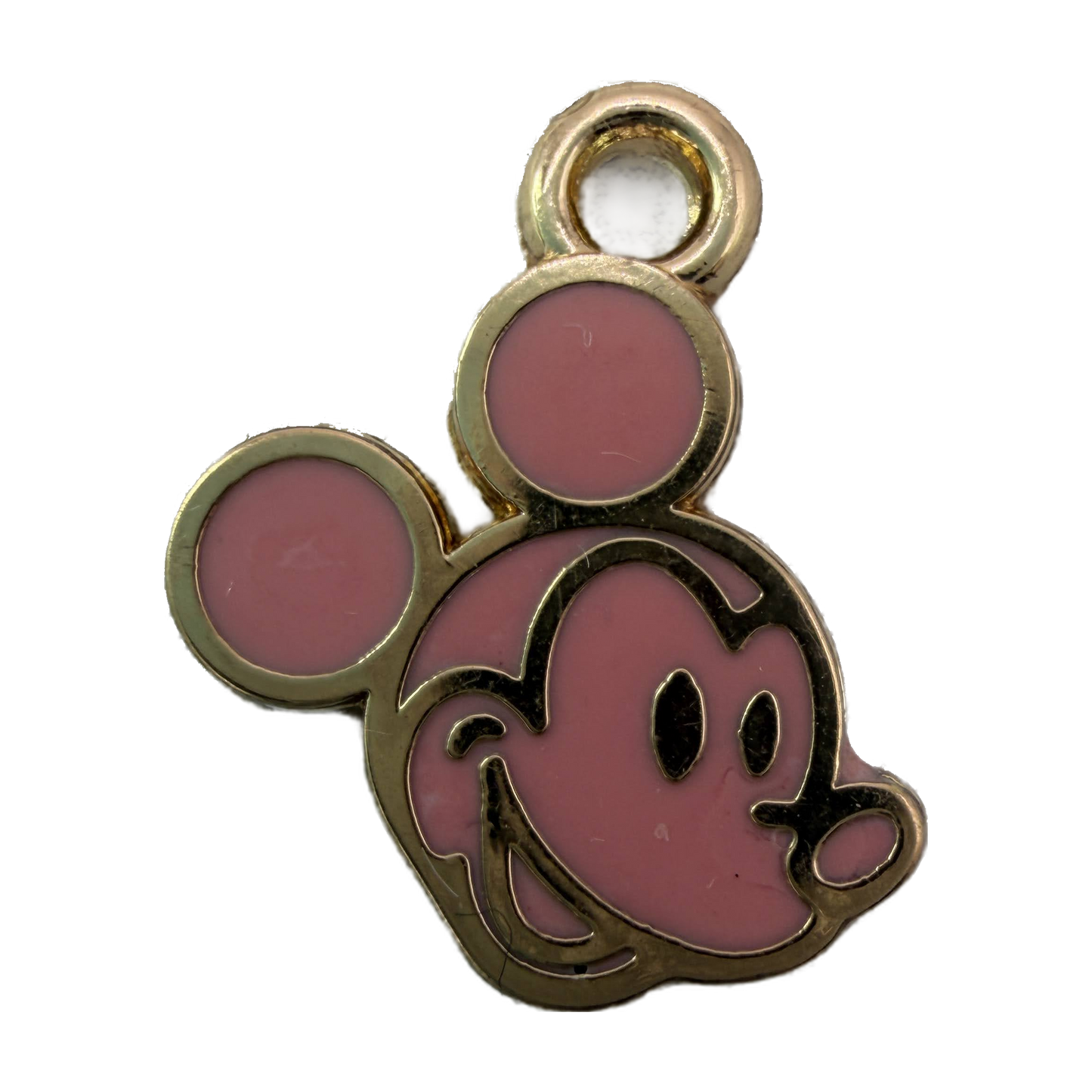Pink cartoon mouse face enamel charm in polished gold outline