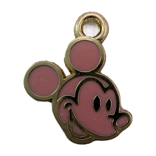 Pink cartoon mouse face enamel charm in polished gold outline
