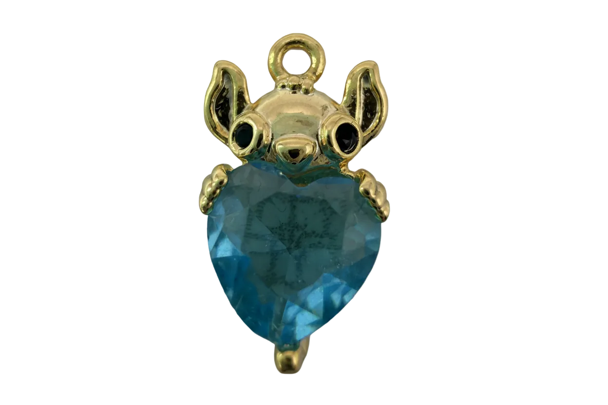 Polished gold mouse holding a faceted blue heart gem with black eyes
