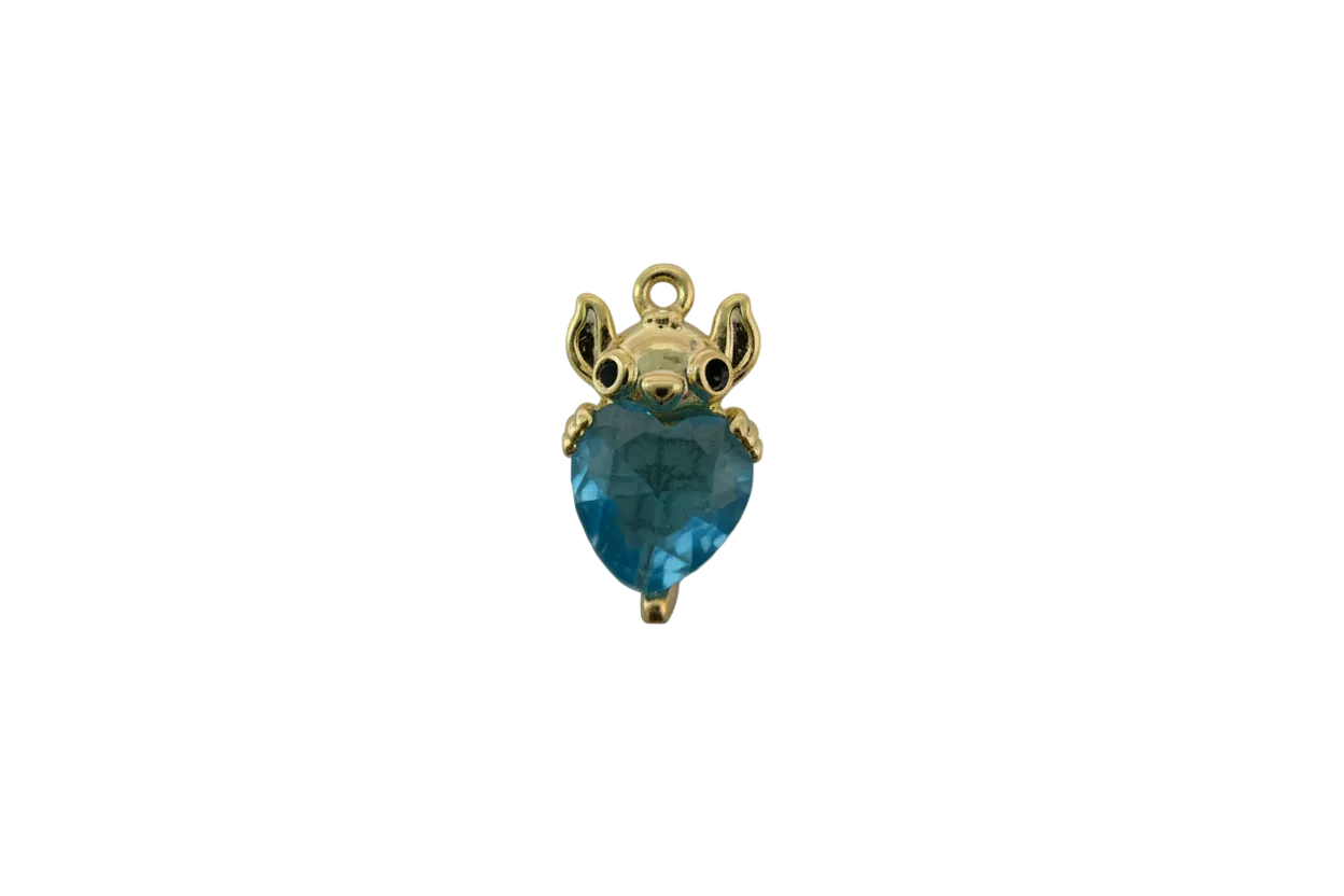Gold mouse holding a faceted blue heart gem