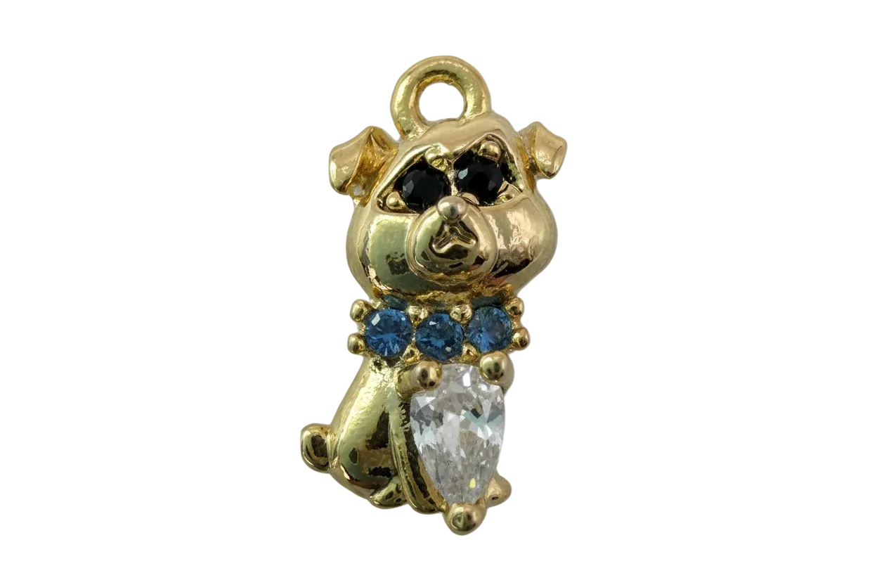 Gold teddy bear figure with blue crystals and a clear pear-cut crystal accent