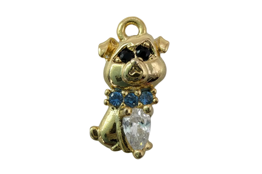 Gold teddy bear figure with blue crystals and a clear pear-cut crystal accent