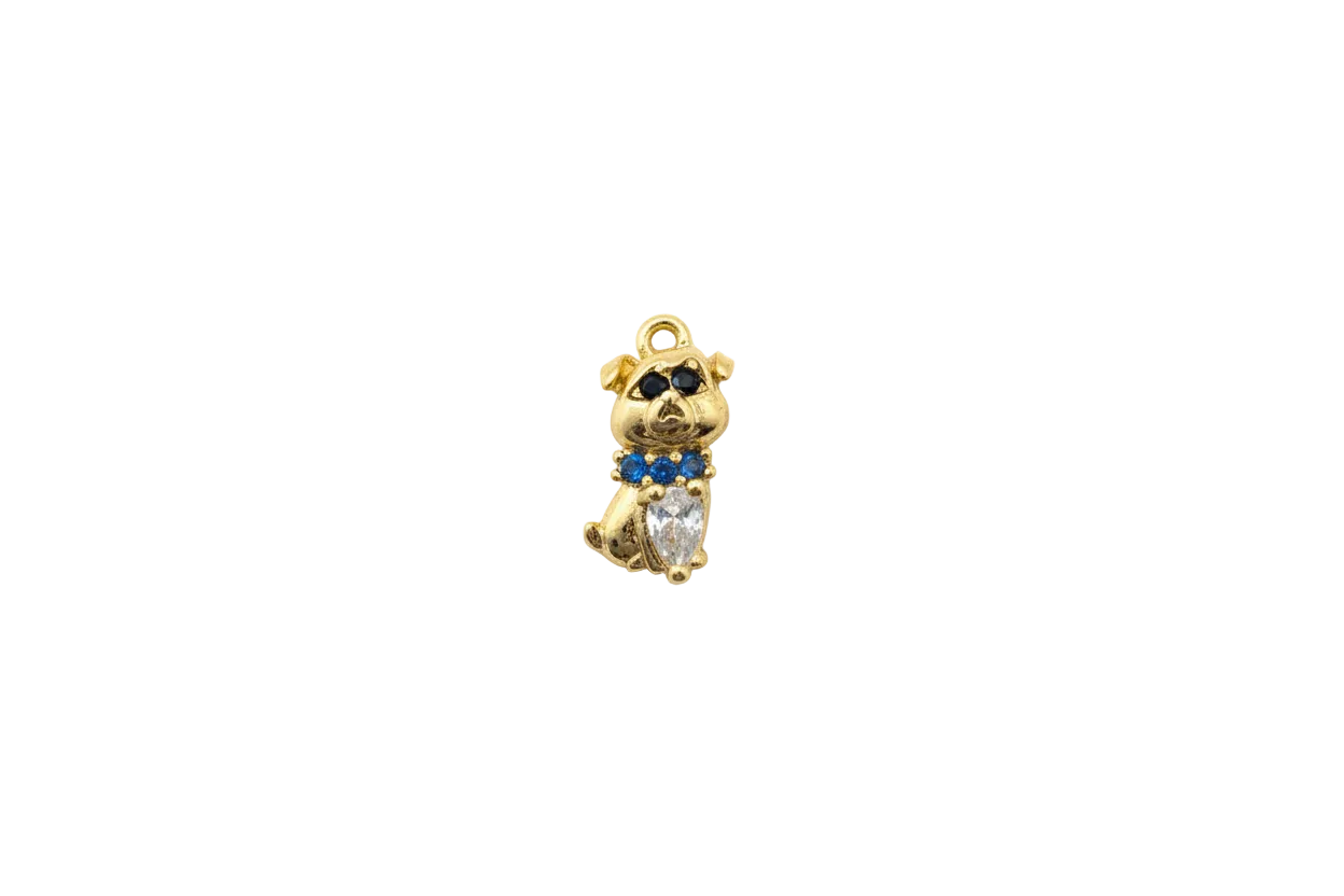 Gold teddy bear with blue crystals and clear pear-cut crystal