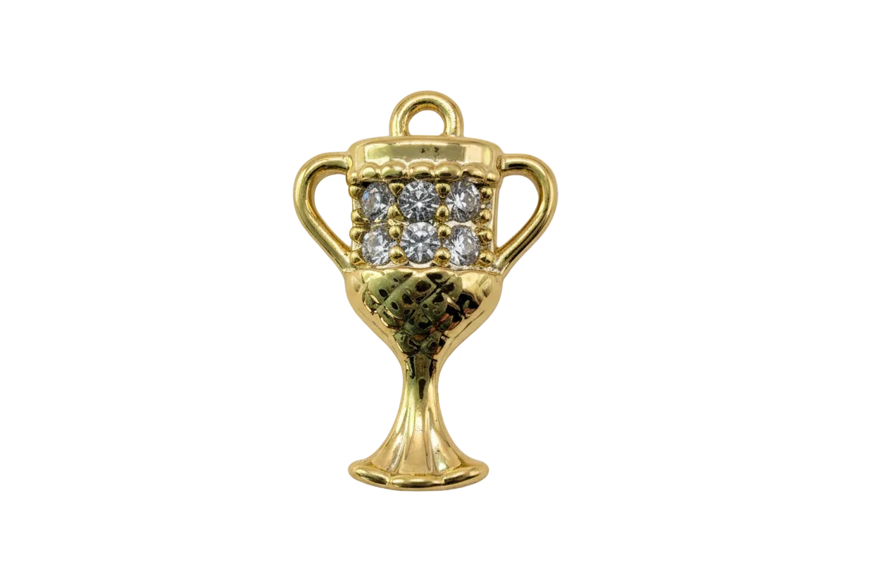Gold trophy cup charm with clear pavé gems and polished finish