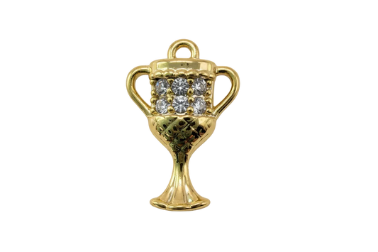 Gold trophy cup charm with clear pavé gems and polished finish