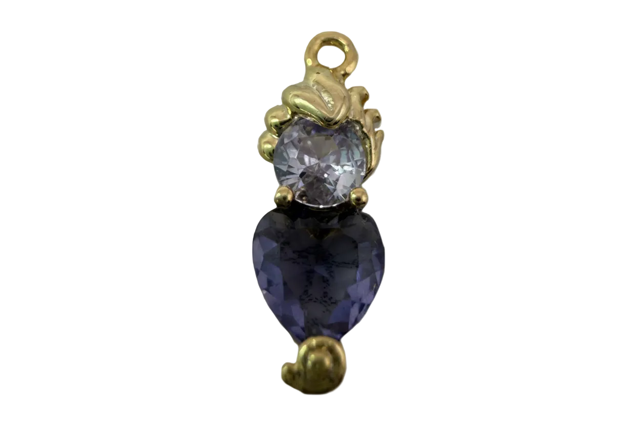 Gold heart charm with faceted violet heart gem and small clear round gem accent