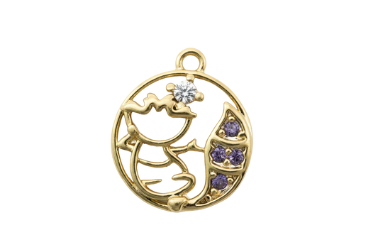 Gold cat and crescent moon coin with violet gems and a clear gem on an ivory patterned center