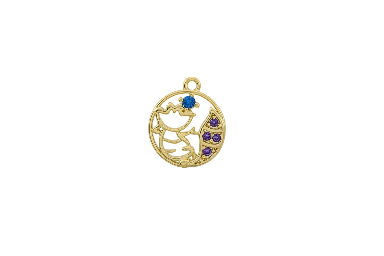 Gold cat and crescent moon coin with violet and clear gems
