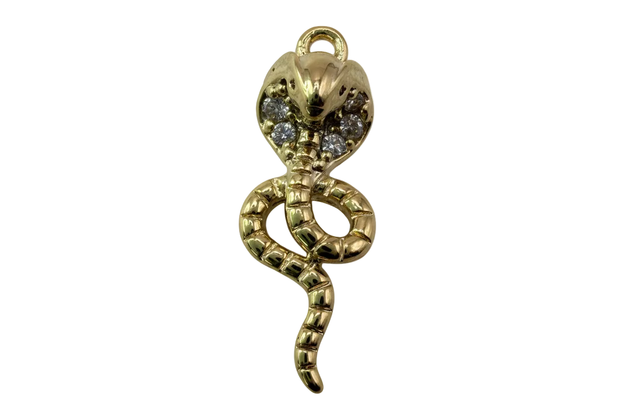 Gold coiled cobra snake charm with clear crystal accents and glossy finish