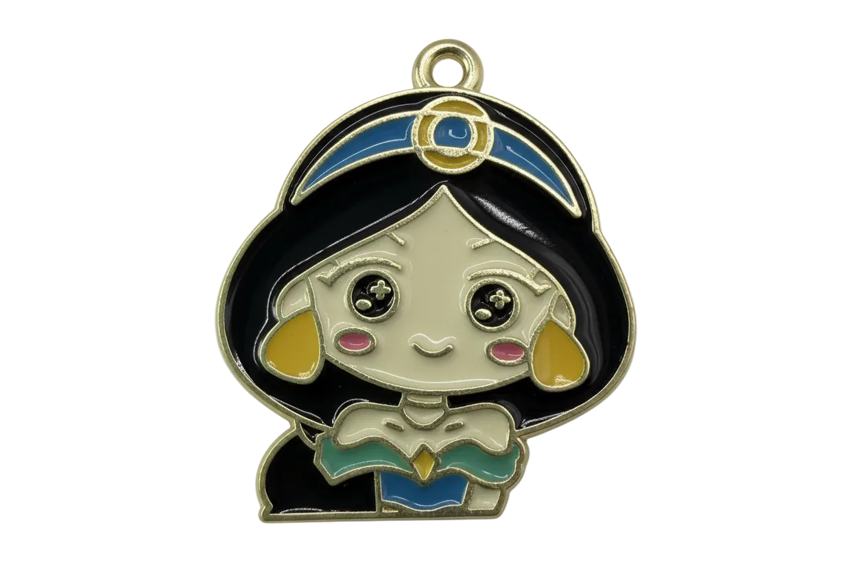 Gold-outlined enamel cat face with blue headphones, black hood, and pastel layered snack