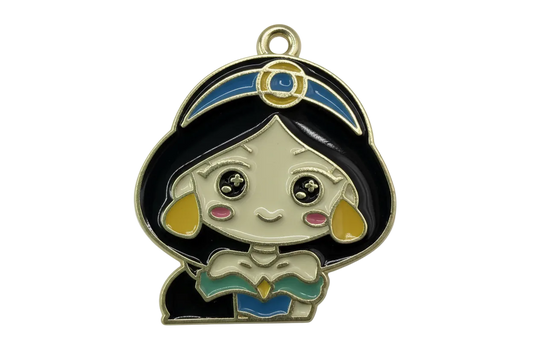 Gold-outlined enamel cat face with blue headphones, black hood, and pastel layered snack