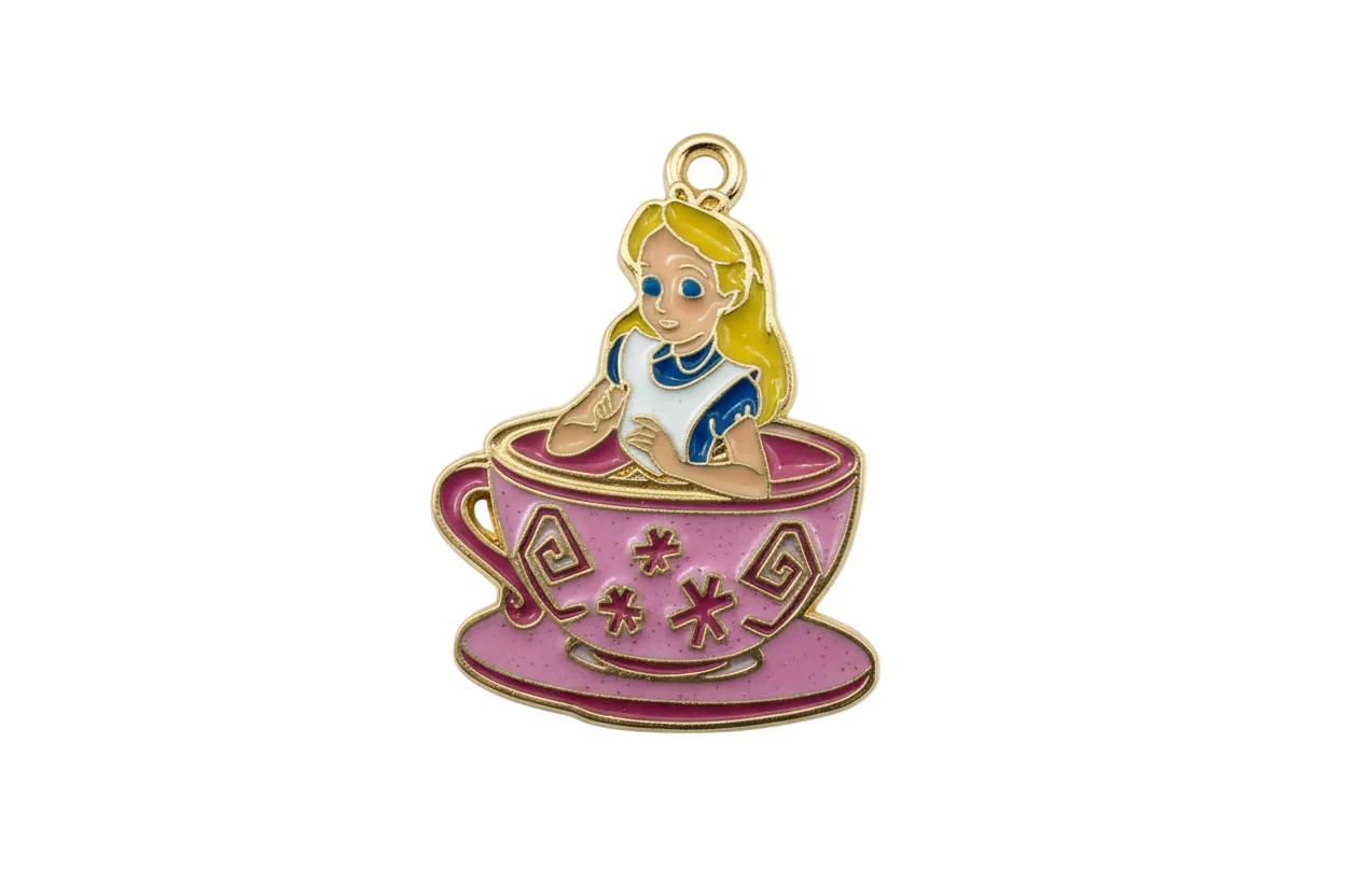Blonde girl in pink teacup enamel piece with gold outlines