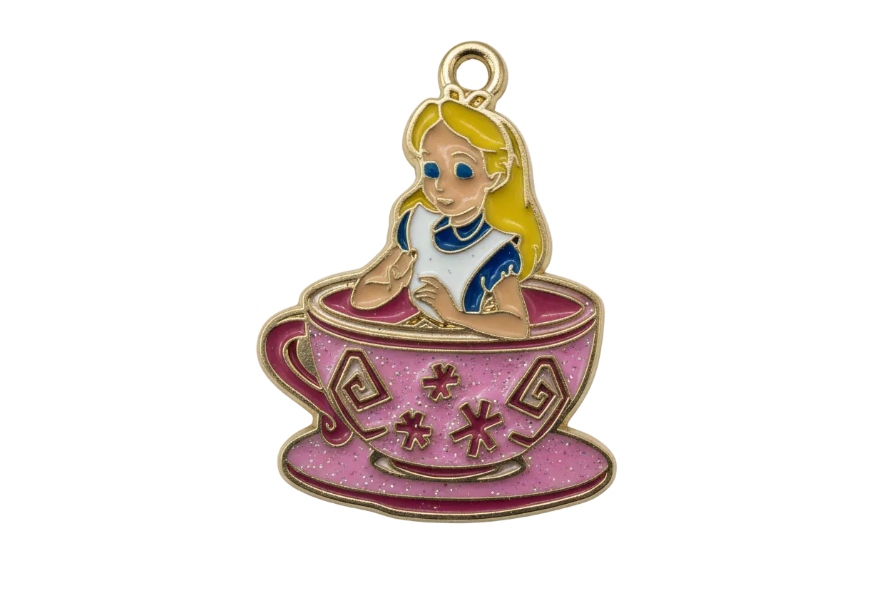 Gold-finished enamel teacup with a reclining blonde girl in a blue dress and pink cup