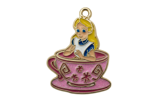 Gold-finished enamel teacup with a reclining blonde girl in a blue dress and pink cup