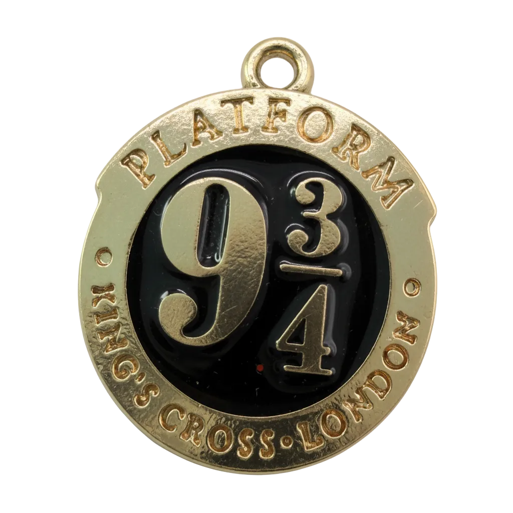 Round gold medallion with glossy black enamel and raised 9 3/4 rail platform design
