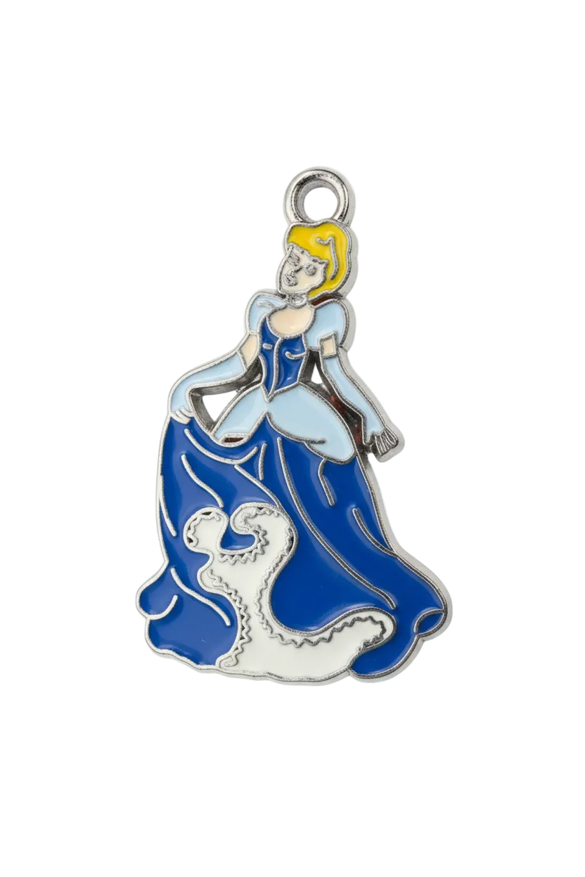 Blue and white enamel girl figure with yellow accent on silver-tone metal