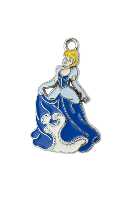 Blue and white enamel girl figure with yellow accent on silver-tone metal