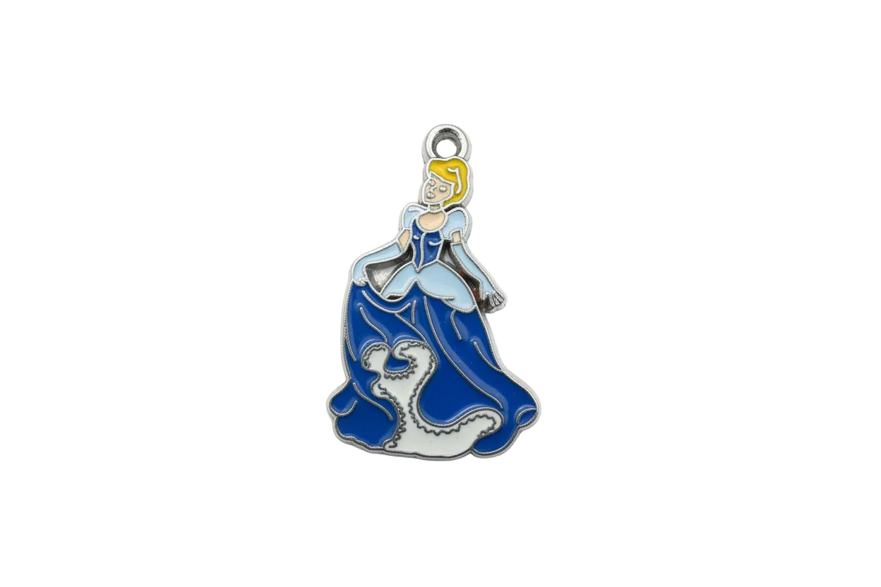 Blue and white enamel girl figure with yellow accent