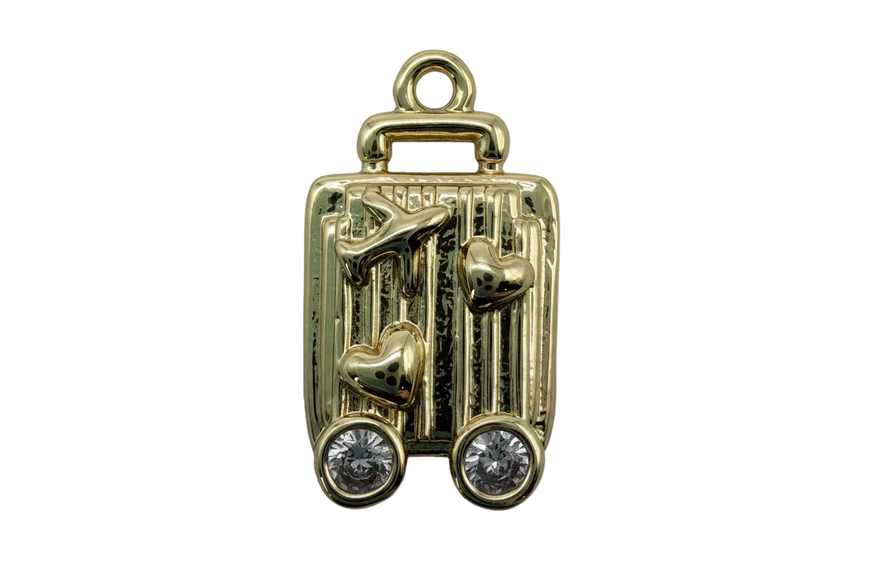 Gold ridged rectangular plaque charm with raised hearts, initial detail, and two clear round gems