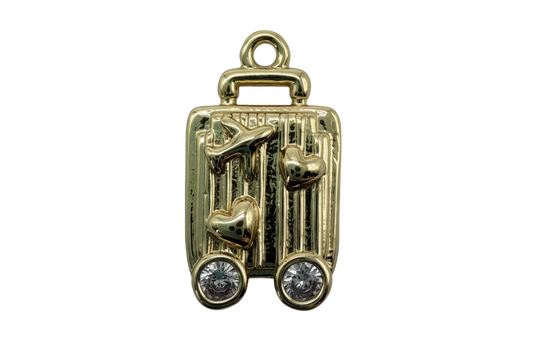 Gold ridged rectangular plaque charm with raised hearts, initial detail, and two clear round gems