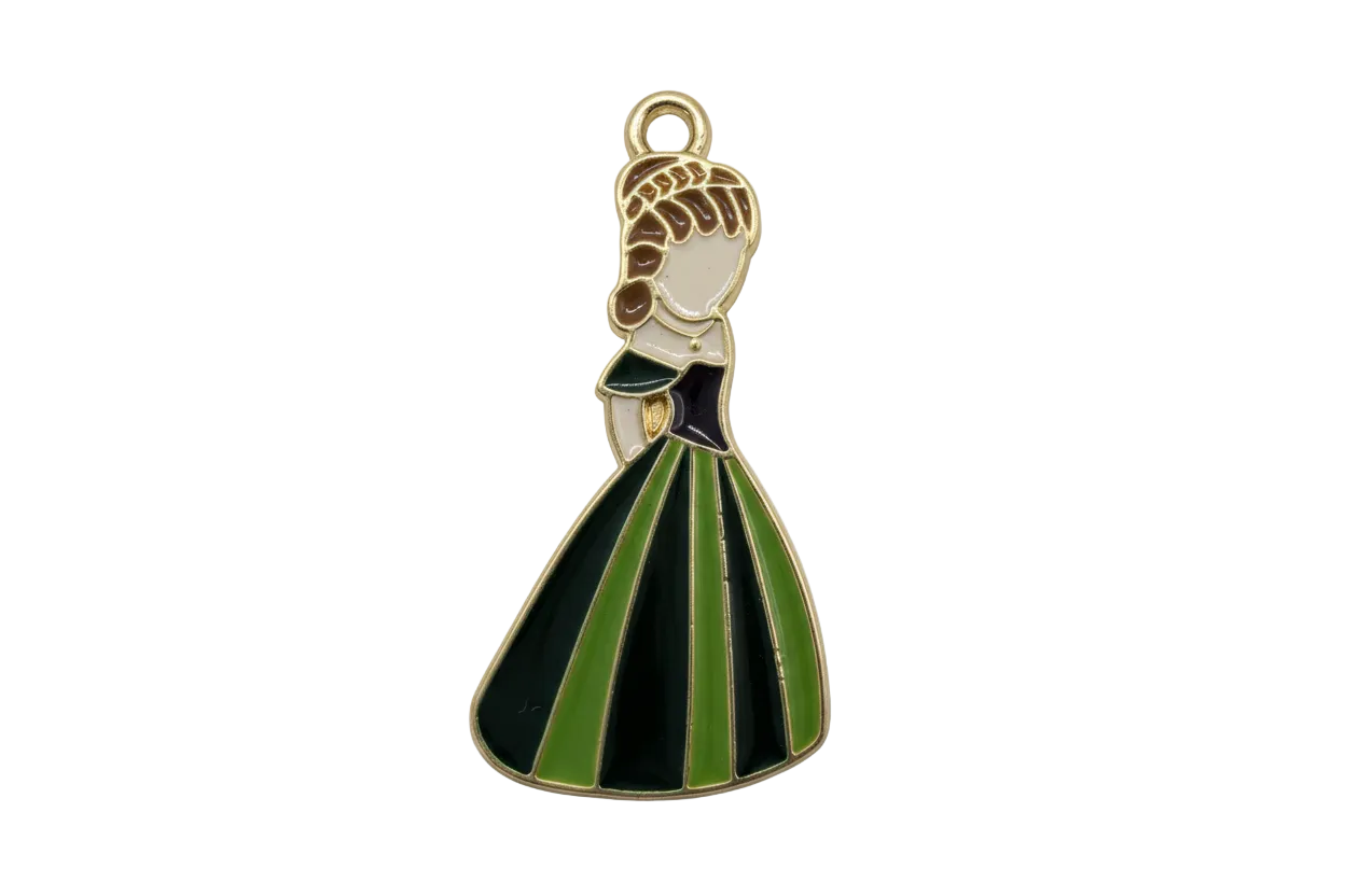 Gold figure with green and black striped gown, white bodice, and brown hair in glossy enamel