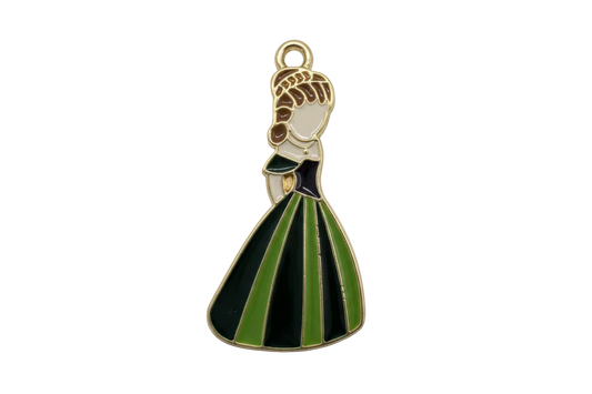 Gold figure with green and black striped gown, white bodice, and brown hair in glossy enamel