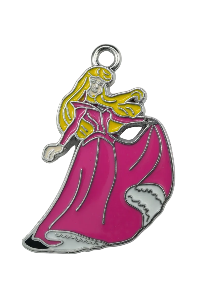 Enamel princess figure in a bright pink gown with blonde hair and silver-tone outline
