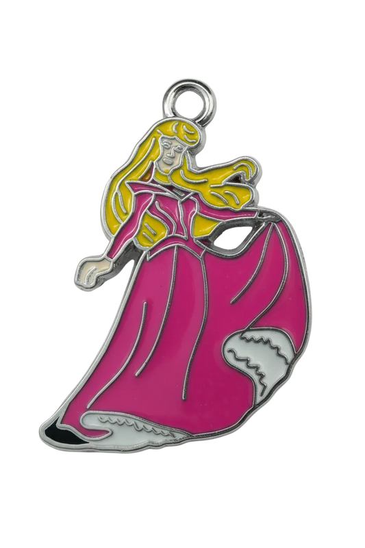 Enamel princess figure in a bright pink gown with blonde hair and silver-tone outline