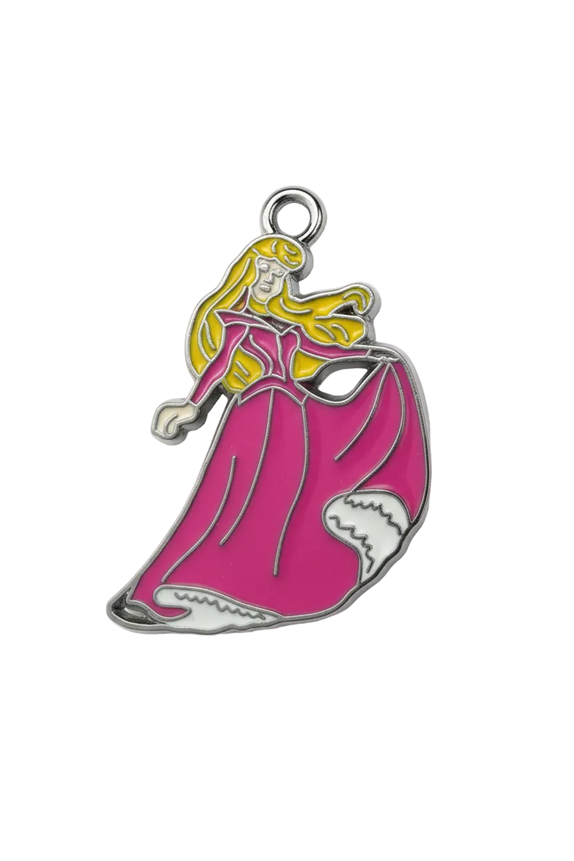 Enamel princess figure with blonde hair and bright pink gown in silver-tone outline
