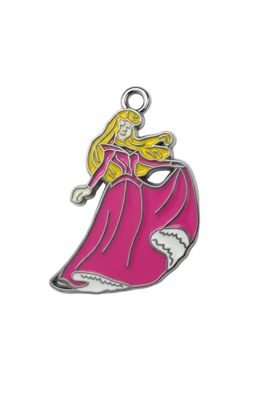Enamel princess figure with blonde hair and bright pink gown in silver-tone outline