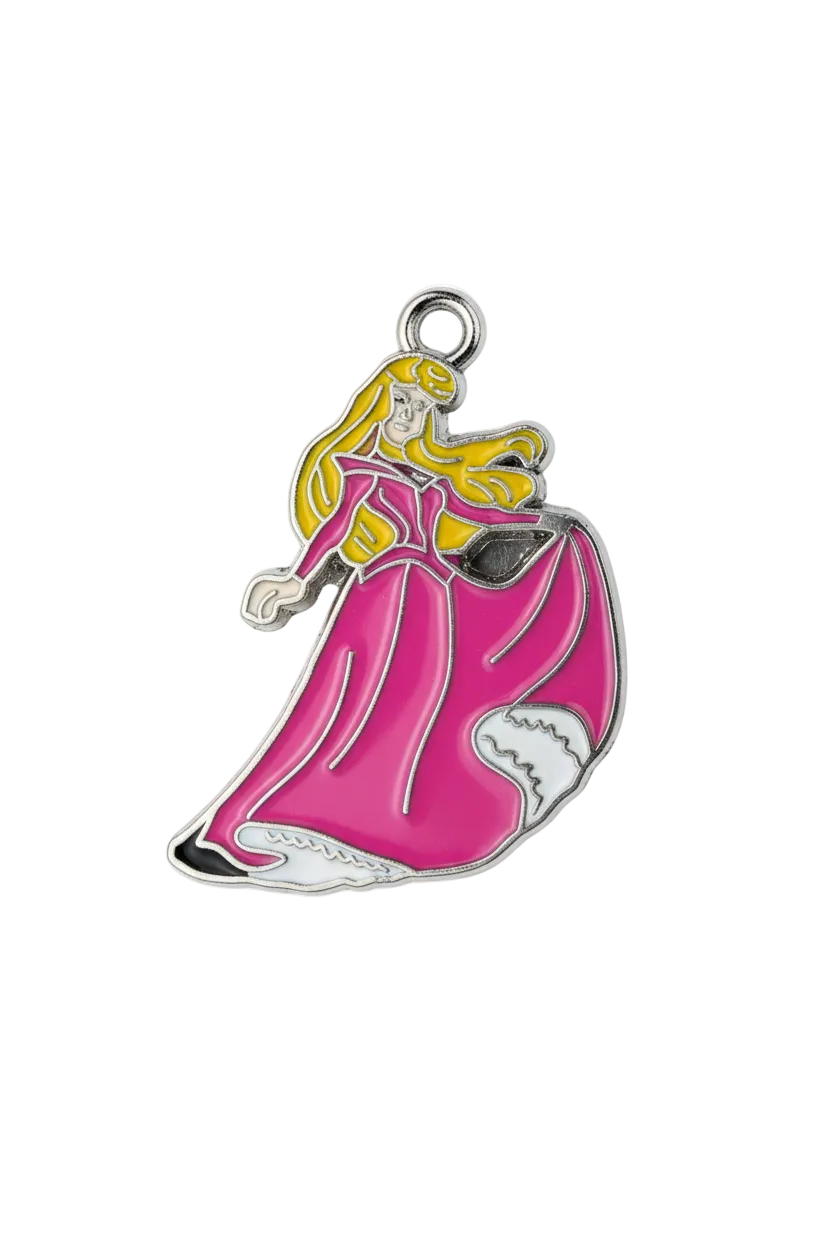 Blonde princess figure in a pink gown, silver-tone outline