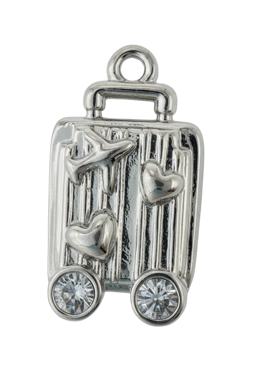 Polished silver suitcase charm with heart details and two clear crystals