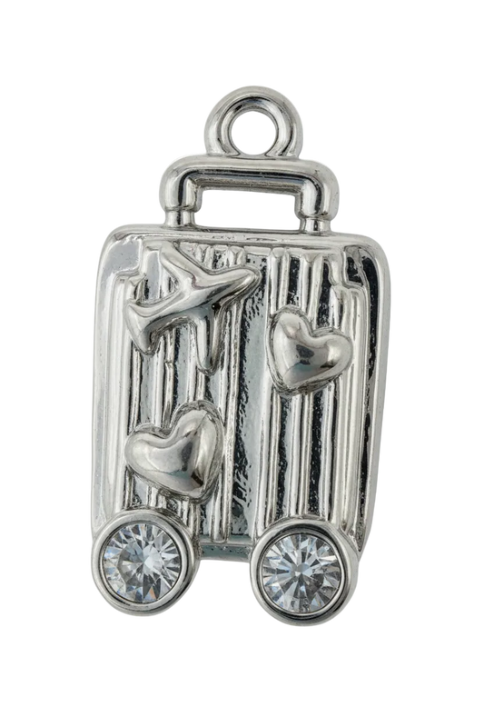 Polished silver suitcase charm with heart details and two clear crystals